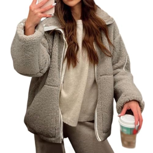 ORANDESIGNE Damen Fleece Jacke Einfarbig Teddyfleece Outdoor Bekleidung Stehkragen Kuschelige Reißverschluss Fleecemantel mit Taschen B Kaffee S von ORANDESIGNE