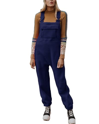 ORANDESIGNE Damen Fleece Warm Latzhose Frauen Lose Lässig Jumpsuits mit Taschen Winter Arbeitshose Overalls A Dunkelblau M von ORANDESIGNE
