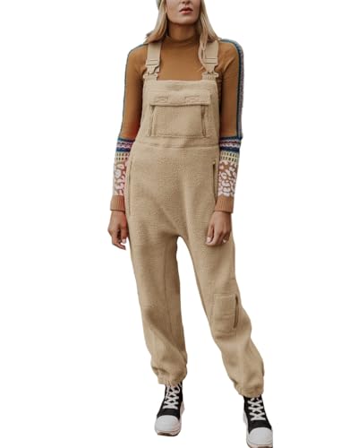 ORANDESIGNE Damen Fleece Warm Latzhose Frauen Lose Lässig Jumpsuits mit Taschen Winter Arbeitshose Overalls A Khaki S von ORANDESIGNE