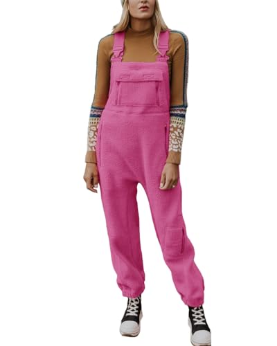 ORANDESIGNE Damen Fleece Warm Latzhose Frauen Lose Lässig Jumpsuits mit Taschen Winter Arbeitshose Overalls A Rosa L von ORANDESIGNE