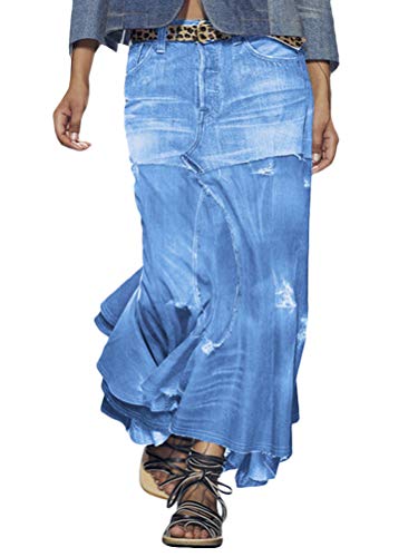 ORANDESIGNE Damen Freizeit Rock A-Linie Lässig Voller Länge Boutique Blau Denim Jeans Rock im Used Look C Hellblau 40 von ORANDESIGNE