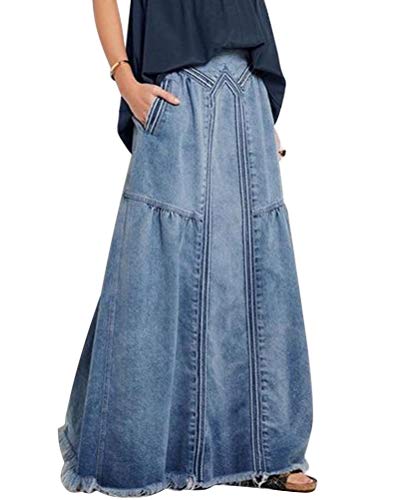 ORANDESIGNE Damen Freizeit Rock A-Linie Lässig Voller Länge Boutique Blau Denim Jeans Rock im Used Look Hellblau 34 von ORANDESIGNE