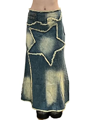 ORANDESIGNE Damen Freizeit Rock A-Linie Lässig Voller Länge Boutique Blau Denim Jeans Rock im Used Look L Blau 42 von ORANDESIGNE