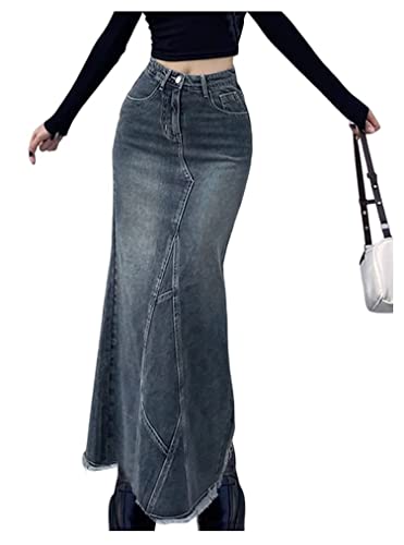 ORANDESIGNE Damen Freizeit Rock A-Linie Lässig Voller Länge Boutique Blau Denim Jeans Rock im Used Look N Blau 34 von ORANDESIGNE