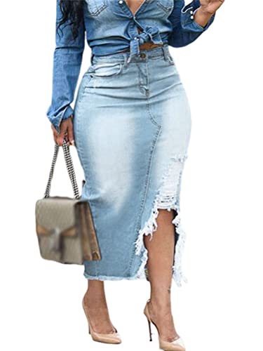 ORANDESIGNE Damen Freizeit Rock A-Linie Lässig Voller Länge Boutique Blau Denim Jeans Rock im Used Look P Hellblau 42 von ORANDESIGNE