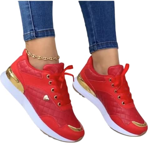 ORANDESIGNE Damen Freizeitschuhe Mode Keilabsatz Flache Schuhe Reißverschluss Schnüren Bequeme Damen Sneakers weiblich vulkanisierte Schuhe E Rot 43 EU von ORANDESIGNE