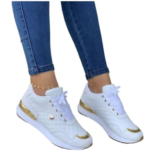 ORANDESIGNE Damen Freizeitschuhe Mode Keilabsatz Flache Schuhe Reißverschluss Schnüren Bequeme Damen Sneakers weiblich vulkanisierte Schuhe E Weiß 39 EU von ORANDESIGNE