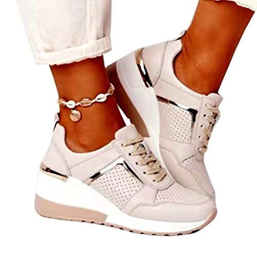 ORANDESIGNE Damen Freizeitschuhe Mode Keilabsatz Flache Schuhe Schnüren Bequeme Damen Sneakers Weiblich Plattform Schuhe Laufschuhe Sommerschuhe A Beige 36 EU von ORANDESIGNE