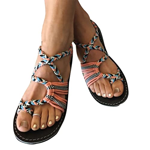 ORANDESIGNE Damen Geflochtene Sandalen Sommer Gladiator Schuhe Casual Flachen Flip Flops Strand Zehentrenner Sandalen 01 Orange 41 EU von ORANDESIGNE