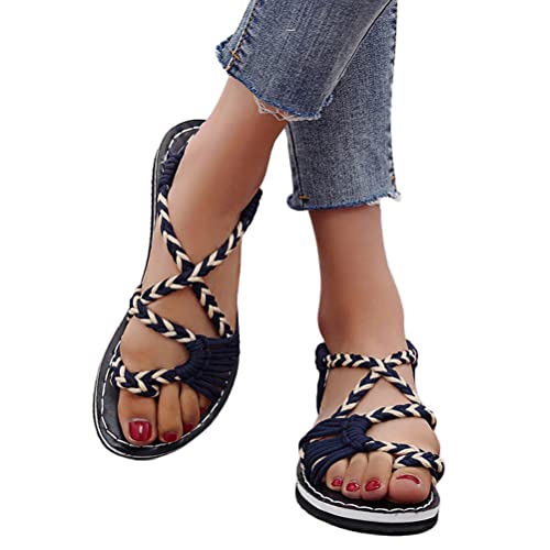 ORANDESIGNE Damen Geflochtene Sandalen Sommer Gladiator Schuhe Casual Flachen Flip Flops Strand Zehentrenner Sandalen 39 EU 01 Dunkelblau von ORANDESIGNE