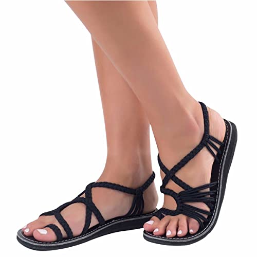 ORANDESIGNE Damen Geflochtene Sandalen Sommer Gladiator Schuhe Casual Flachen Flip Flops Strand Zehentrenner Sandalen 43 EU AZ Schwarz von ORANDESIGNE