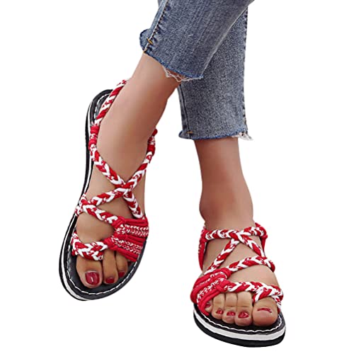ORANDESIGNE Damen Geflochtene Sandalen Sommer Gladiator Schuhe Casual Flachen Flip Flops Strand Zehentrenner Sandalen Weinrot EU 38 von ORANDESIGNE