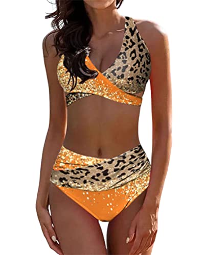 ORANDESIGNE Damen Gepunktetes Bikini Neckholder Sexy Badeanzug mit Cups Bauchweg Bademode Damen Bikini mit Tanga High Waist Bikini Triangel Push Up Sexy Gepolstert Swimsuit R Orange L von ORANDESIGNE