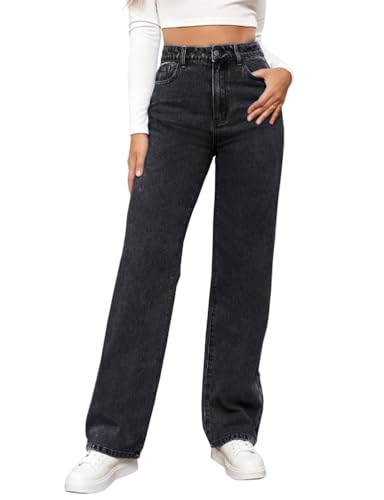 ORANDESIGNE Damen Geradem Bein Jeans Hohe Taille Jeans mit Weitem Bein Boyfriend Jeans Bequeme Jeanshose mit Taschen B Schwarz XS ORANDESIGNE Damen Geradem Bein Jeans Hohe Taille Jeans mit Weitem Bein Boyfriend Jeans Bequeme Jeanshose mit Taschen B Schwarz XS von ORANDESIGNE