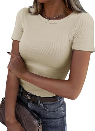 ORANDESIGNE Damen Gerippt T-Shirt Sommer Kurzarm Tshirt Rundhals Slim Fit Oberteile Basic Stretch Tops Beige XS von ORANDESIGNE