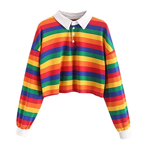 ORANDESIGNE Damen Gestreift Sweatshirt Regenbogen Gestreift Langarmshirt Drop Schulter Mehrfarbig Gestreiften Crop Tops Pullover Bluse A Rot L von ORANDESIGNE