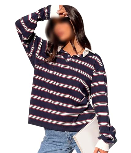 ORANDESIGNE Damen Gestreiftes Poloshirt Langarm Stripe Knopfleiste Polo-Sweatshirt Regular Fit Langarm überschnittene Schultern Oberteile C Dunkelblau L ORANDESIGNE Damen Gestreiftes Poloshirt Langarm Stripe Knopfleiste Polo-Sweatshirt Regular Fit Langarm überschnittene Schultern Oberteile C Dunkelblau L von ORANDESIGNE