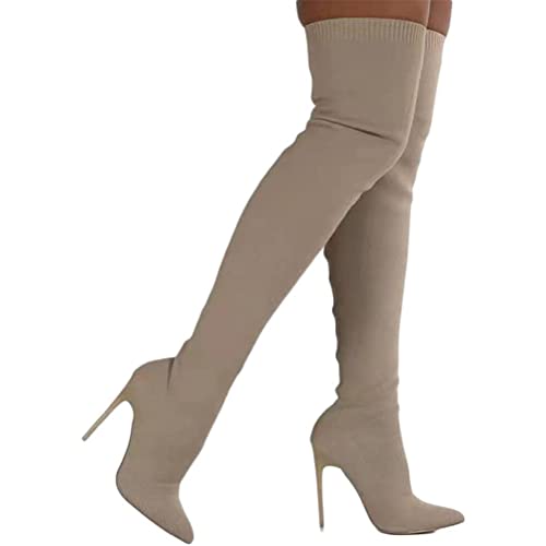 ORANDESIGNE Damen Gestrickte Lange Stiefel Mode Spitzer Zehenpartie Einfarbig Gestrickte Stiefel mit Hohem Absatz Elegant Stiefel Atmungsaktiv Schlupfstiefel B Beige 40 EU von ORANDESIGNE