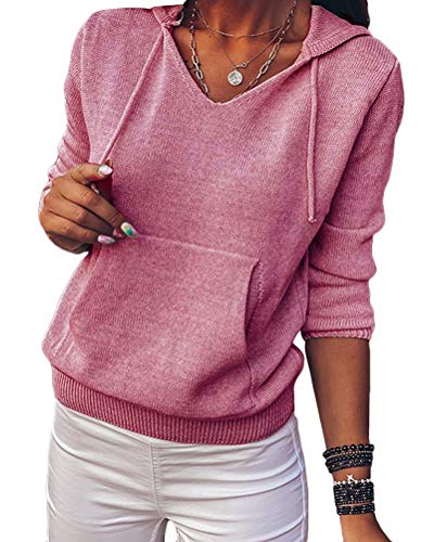 ORANDESIGNE Damen Gestrickter Kapuzenpullover Solide Tasche Beiläufig Pullover Mit Kapuze Langarm Stricken Hoodie Lässige Pullover Strickpullover Rosa L von ORANDESIGNE