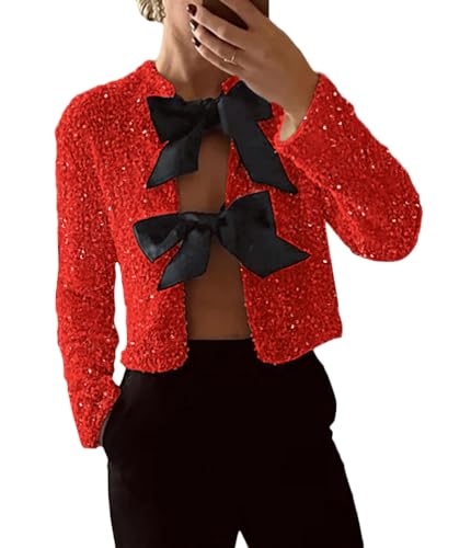 ORANDESIGNE Damen Glänzend Pailletten Jacke Bowknot Pailletten Cardigan Langarm Bolero Kurz Mäntel Oberteile Eleganter Metallic Glitzer Party Outfits Clubwear A Rot XXL von ORANDESIGNE