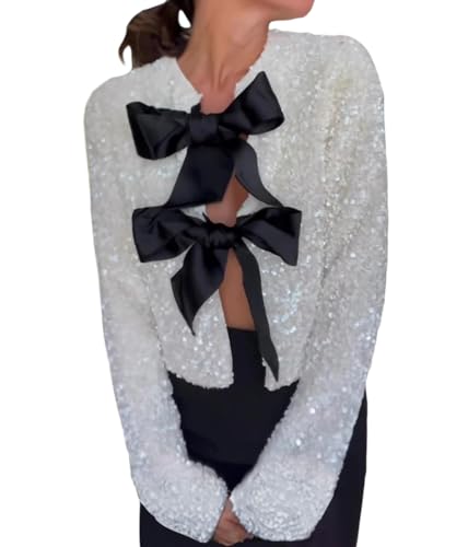 ORANDESIGNE Damen Glänzend Pailletten Jacke Bowknot Pailletten Cardigan Langarm Bolero Kurz Mäntel Oberteile Eleganter Metallic Glitzer Party Outfits Clubwear A Weiß L von ORANDESIGNE