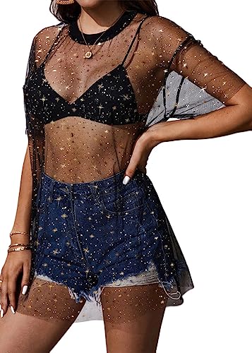 ORANDESIGNE Damen Glitter Durchsichtiges Mesh Kleid Strand Bikini Cover Up für Swimwear Clubwear D Schwarz L von ORANDESIGNE