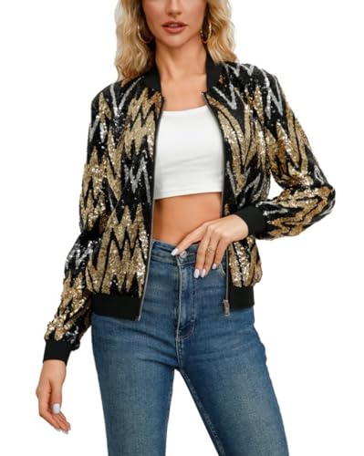 ORANDESIGNE Damen Glitzer Pailletten Jacke Langarm Bomberjacke Party Club Fliegenjacke Bikerjacke Blouson Reißverschluss Frühling Sommerjacket College Jacke Leichte Pilotenjacke E Schwarz S von ORANDESIGNE