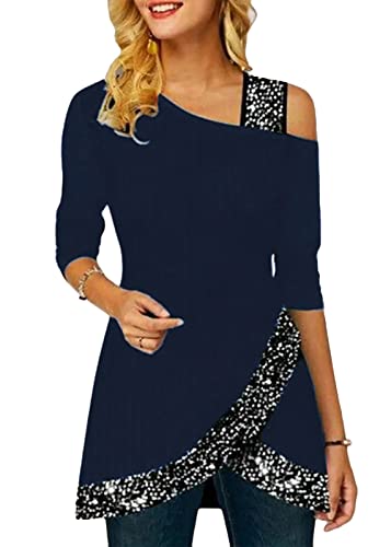 ORANDESIGNE Damen Glitzer Shirt Langarm Bluse One Shoulder Oberteile Schön Glänzend Longshirt Casual Elegante Festlich Mode Glitzertop Rundhals Longline Pailletten Bluse Tunika A Blau XXL von ORANDESIGNE