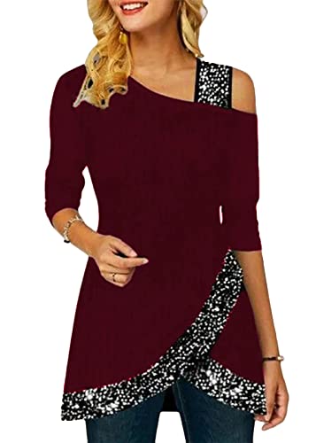 ORANDESIGNE Damen Glitzer Shirt Langarm Bluse One Shoulder Oberteile Schön Glänzend Longshirt Casual Elegante Festlich Mode Glitzertop Rundhals Longline Pailletten Bluse Tunika A Rotwein XXL von ORANDESIGNE