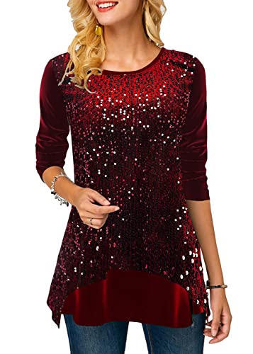 ORANDESIGNE Damen Glitzer Shirt Langarm Bluse One Shoulder Oberteile Schön Glänzend Longshirt Casual Elegante Festlich Mode Glitzertop Rundhals Longline Pailletten Bluse Tunika B Rotwein 3XL von ORANDESIGNE