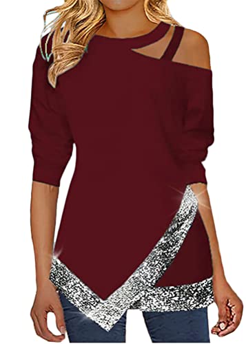 ORANDESIGNE Damen Glitzer Shirt Langarm Bluse One Shoulder Oberteile Schön Glänzend Longshirt Casual Elegante Festlich Mode Glitzertop Rundhals Longline Pailletten Bluse Tunika C Rotwein M von ORANDESIGNE