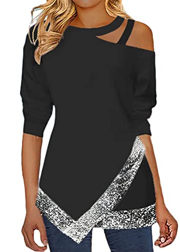 ORANDESIGNE Damen Glitzer Shirt Langarm Bluse One Shoulder Oberteile Schön Glänzend Longshirt Casual Elegante Festlich Mode Glitzertop Rundhals Longline Pailletten Bluse Tunika C Schwarz XXL von ORANDESIGNE