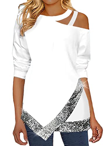 ORANDESIGNE Damen Glitzer Shirt Langarm Bluse One Shoulder Oberteile Schön Glänzend Longshirt Casual Elegante Festlich Mode Glitzertop Rundhals Longline Pailletten Bluse Tunika C Weiß L von ORANDESIGNE