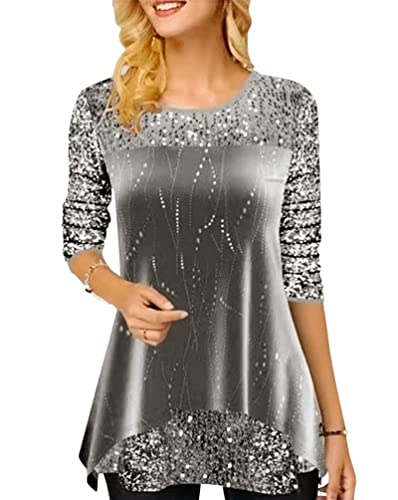 ORANDESIGNE Damen Glitzer Shirt Langarm Bluse One Shoulder Oberteile Schön Glänzend Longshirt Casual Elegante Festlich Mode Glitzertop Rundhals Longline Pailletten Bluse Tunika D Grau 3XL von ORANDESIGNE