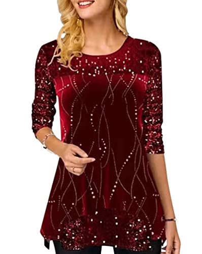 ORANDESIGNE Damen Glitzer Shirt Langarm Bluse One Shoulder Oberteile Schön Glänzend Longshirt Casual Elegante Festlich Mode Glitzertop Rundhals Longline Pailletten Bluse Tunika D Weinrot XXL von ORANDESIGNE