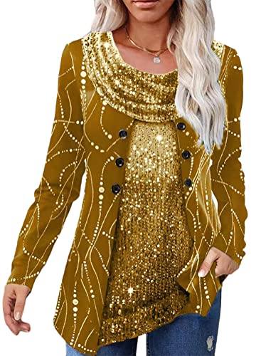 ORANDESIGNE Damen Glitzer Shirt Langarm Bluse One Shoulder Oberteile Schön Glänzend Longshirt Casual Elegante Festlich Mode Glitzertop Rundhals Longline Pailletten Bluse Tunika E Gold 3XL von ORANDESIGNE