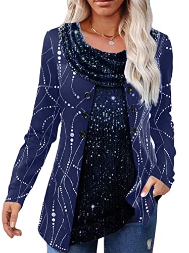 ORANDESIGNE Damen Glitzer Shirt Langarm Bluse One Shoulder Oberteile Schön Glänzend Longshirt Casual Elegante Festlich Mode Glitzertop Rundhals Longline Pailletten Bluse Tunika E Navy Blau, 3XL von ORANDESIGNE
