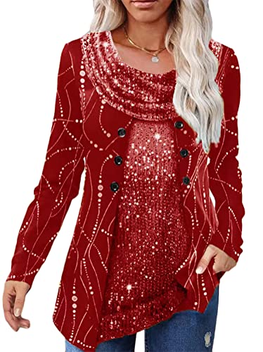 ORANDESIGNE Damen Glitzer Shirt Langarm Bluse One Shoulder Oberteile Schön Glänzend Longshirt Casual Elegante Festlich Mode Glitzertop Rundhals Longline Pailletten Bluse Tunika E Rot M von ORANDESIGNE