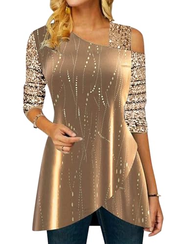 ORANDESIGNE Damen Glitzer Shirt Langarm Bluse One Shoulder Oberteile Schön Glänzend Longshirt Casual Elegante Festlich Mode Glitzertop Rundhals Longline Pailletten Bluse Tunika H Gold 3XL von ORANDESIGNE