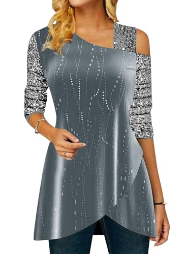 ORANDESIGNE Damen Glitzer Shirt Langarm Bluse One Shoulder Oberteile Schön Glänzend Longshirt Casual Elegante Festlich Mode Glitzertop Rundhals Longline Pailletten Bluse Tunika H Grau L von ORANDESIGNE