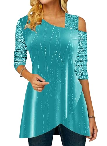 ORANDESIGNE Damen Glitzer Shirt Langarm Bluse One Shoulder Oberteile Schön Glänzend Longshirt Casual Elegante Festlich Mode Glitzertop Rundhals Longline Pailletten Bluse Tunika H Grün XL von ORANDESIGNE