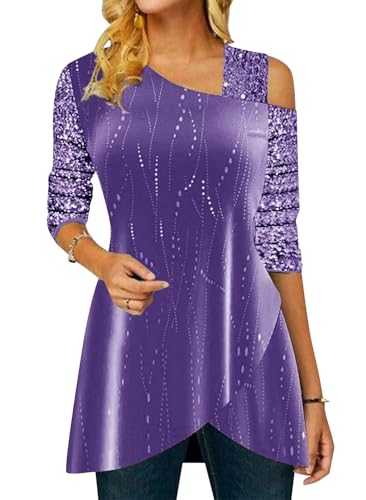 ORANDESIGNE Damen Glitzer Shirt Langarm Bluse One Shoulder Oberteile Schön Glänzend Longshirt Casual Elegante Festlich Mode Glitzertop Rundhals Longline Pailletten Bluse Tunika H Violett XL von ORANDESIGNE