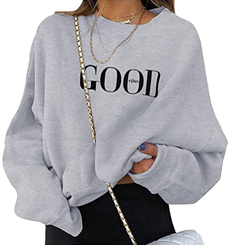 ORANDESIGNE Damen Good Vibes Sweatshirt Briefe Drucken Langarm Rundhals Pullover Warm Pulli Oversized Casual Bequem Teenager Mädchen Hoodie Sportbekleidung A Grau M von ORANDESIGNE