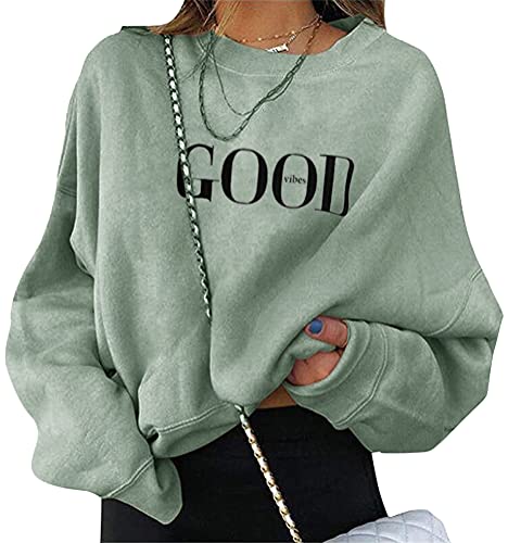 ORANDESIGNE Damen Good Vibes Sweatshirt Briefe Drucken Langarm Rundhals Pullover Warm Pulli Oversized Casual Bequem Teenager Mädchen Hoodie Sportbekleidung A Grün S von ORANDESIGNE