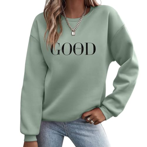 ORANDESIGNE Damen Sweatshirt Briefe Drucken Rundhals Pullover Herbst Warm Pulli Oversized Teenager Mädchen Hoodie A Grün S von ORANDESIGNE