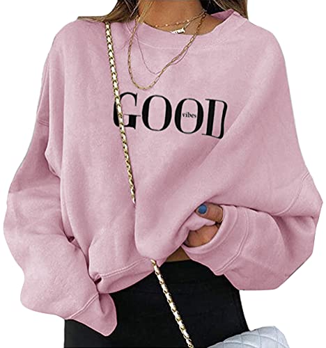 ORANDESIGNE Damen Good Vibes Sweatshirt Briefe Drucken Langarm Rundhals Pullover Warm Pulli Oversized Casual Bequem Teenager Mädchen Hoodie Sportbekleidung A Rosa XS von ORANDESIGNE