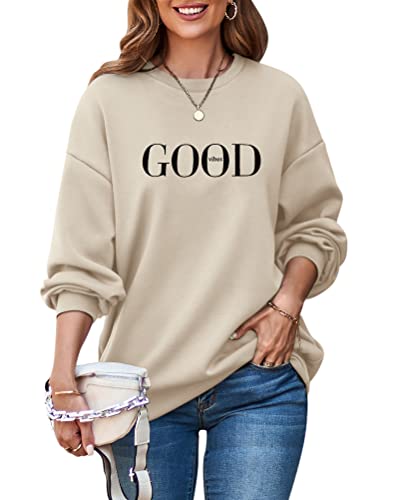 ORANDESIGNE Damen Good Vibes Sweatshirt Buchstaben Druck Langarm Rundhals Beige Pullover Bauchfrei Warm Pulli Oversized Casual Bequem Teenager Mädchen Hoodie Sportbekleidung A Beige XL von ORANDESIGNE