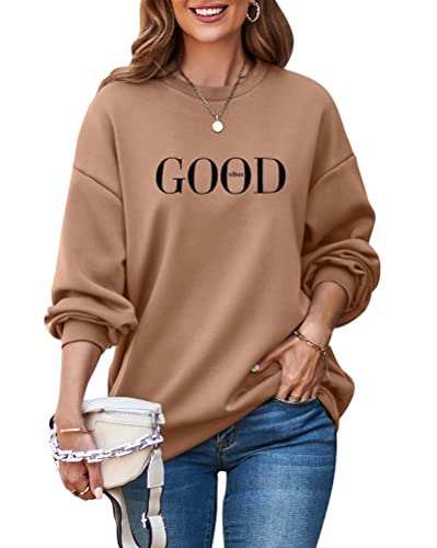 ORANDESIGNE Damen Good Vibes Sweatshirt Buchstaben Druck Langarm Rundhals Pullover Bauchfrei Warm Pulli Oversized Casual Bequem Teenager Mädchen Hoodie Sportbekleidung A Braun M von ORANDESIGNE