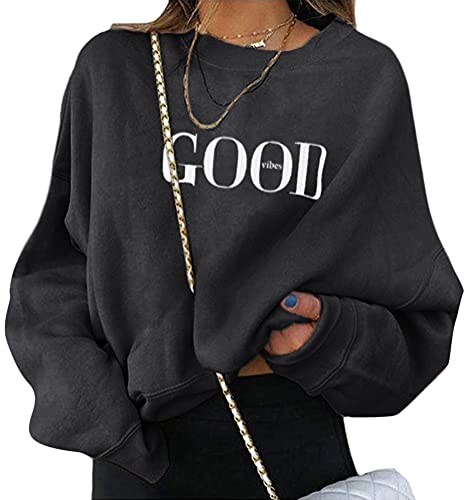 ORANDESIGNE Damen Good Vibes Sweatshirt Buchstaben Druck Langarm Rundhals Pullover Bauchfrei Warm Pulli Oversized Casual Bequem Teenager Mädchen Hoodie Sportbekleidung A Schwarz S von ORANDESIGNE