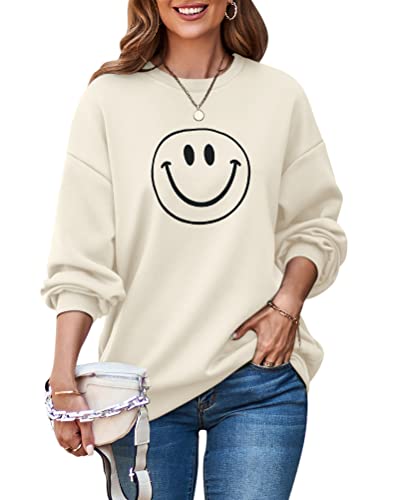 ORANDESIGNE Damen Good Vibes Sweatshirt Buchstaben Druck Langarm Rundhals Pullover Bauchfrei Warm Pulli Oversized Casual Bequem Teenager Mädchen Hoodie Sportbekleidung C Beige M von ORANDESIGNE